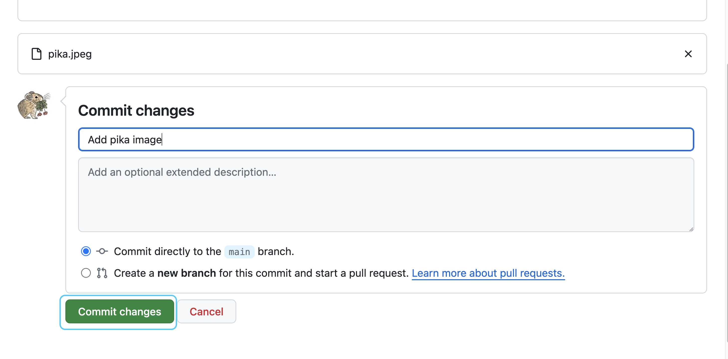 Confirm your file upload commit by clicking commit